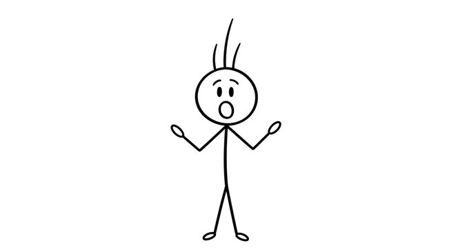 Stick Figure Cartoon of Surprised, Shocked, or Confused Person with Open Mouth and Raised Hands