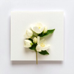A sprig of white jasmine blossoms on a white background