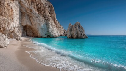 Fototapeta premium Pristine beach with turquoise water and dramatic cliffs