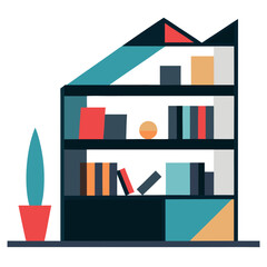 Geometric bookshelf with books and potted plant shelves