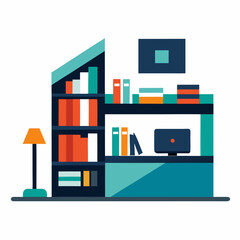 Geometric bookshelf with lamp and computer interior