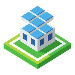 Geometric building with blue solar panels isometric