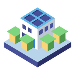 Geometric building with surrounding structures isometric