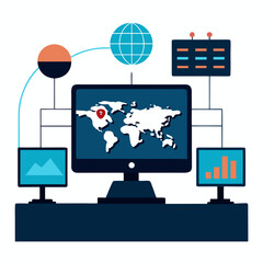 Global network control screens computer screens world map