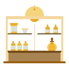 Golden bottles on shelves perfume shop interior