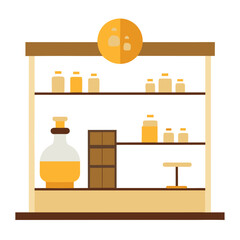 Golden liquid bottles on shelves interior display