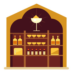 Golden wine cabinet amber bottles glass goblets wine cellar