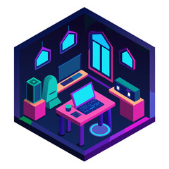 Isometric futuristic gaming room neon lights neon lighting