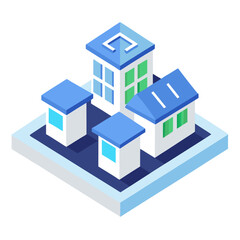 Isometric city buildings blue green white architecture