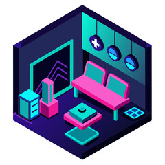 Isometric gaming room neon furniture sofa