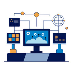 Interconnected screens displaying data and cloud technology