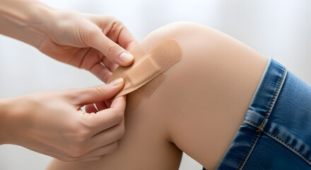 Fototapeta premium Close Up Hands Applying Beige Bandage to Injured Knee Against Soft White Background
