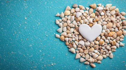 Summer focus on seashells and small pebbles arranged in a heart shape on the shore.