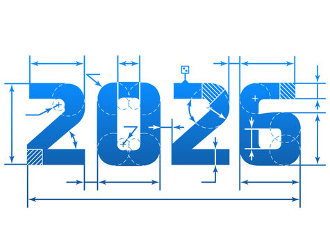 New Year 2026 number with dimension lines. Element of blueprint drawing in shape of 2026 year. Vector design element for new years day, christmas, winter holiday, engineering, new years eve, etc