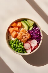 Top-down professional food photo of a fresh salmon poke bowl with sushi rice, avocado, and vegetables