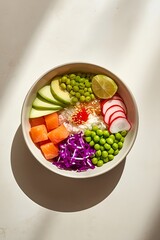 Top-down professional food photo of a fresh salmon poke bowl with sushi rice, avocado, and vegetables