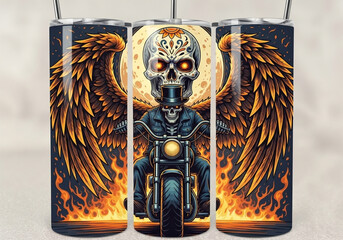 A stylized, detailed graphic design featuring a skeleton biker riding a motorcycle