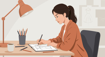 Fashion designer sketching dress ideas in notebook at workspace, focused and inspiring atmosphere
