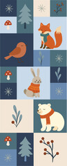 Winter Frozen Whimsical Bauhaus Banner with Geometric Forest Animals and Snowy Elements