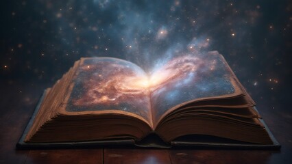 Open book revealing a cosmic nebula and glowing light on a wooden table.