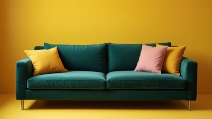 Fototapeta premium Emerald velvet sofa against a vibrant yellow backdrop, adding comfort.