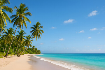 Fototapeta premium Palm trees lean over the white sand of a perfect tropical paradise. The calm, clear turquoise water meets a bright blue sunny sky.