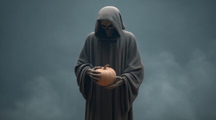 Mysterious figure in hooded cloak holding a pumpkin, surrounded by fog, embodying themes of Halloween, death, and the supernatural in a dark atmosphere