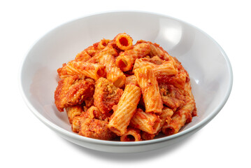 Macaroni tortiglioni pasta with tomato sauce and pieces of meatballs on white plate isolated