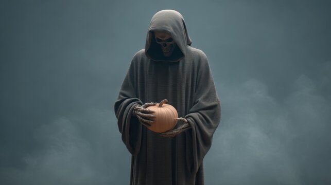 Mysterious figure in hooded cloak holding a pumpkin, surrounded by fog, embodying themes of Halloween, death, and the supernatural in a dark atmosphere