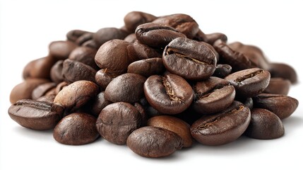 Obraz premium Beautiful photo of closeup of a small pile of roasted coffee beans isolated on white background.
