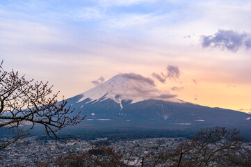 Fuji mountain nature landscape background in the spring season at Chureito pagoda, Japan.