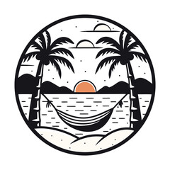 Circular Beach Paradise Illustration with Palm Trees and Hammock Serene Tropical Getaway Artwork Calm Holiday Scene