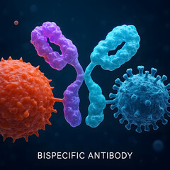A 3D render shows a Y shaped bispecific antibody connecting two different cells. This illustrates targeted immunotherapy for disease treatment and research.