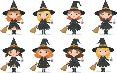 Cartoon witches with colorful potions and broomsticks in black outfits, magical Halloween fantasy characters for spooky seasonal vector illustration.