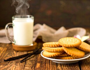 A stack of crackers with a glass of milk and vanilla beans