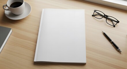 Aerial view of a blank white magazine cover on a wooden desk with office supplies. A clean minimalist workspace mockup with copy space for design or branding presentation