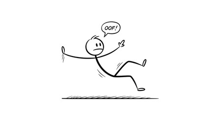 Stick figure falling, 'oof' speech bubble. Simple cartoon illustration of an accident, slip, or losing balance.