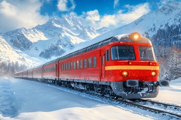 Obraz premium Red Train on Snowy Mountain Pass