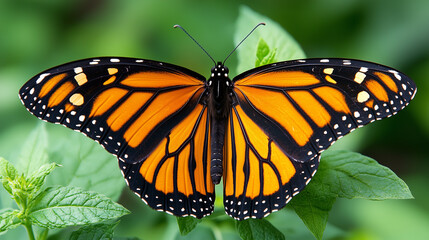 Obraz premium A vibrant orange and black butterfly with open wings rests peacefully on fresh green leaves in a beautiful natural setting.