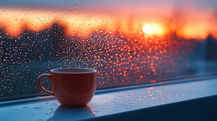 An orange mug sits on a wet windowsill with raindrops on the window glass, overlooking a beautiful orange sunset cityscape.