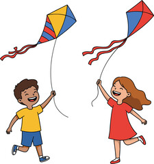 Happy diverse kids flying kites together outdoors on a summer day.