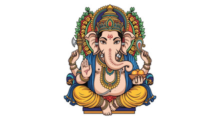 Illustration of the Hindu god Ganesha seated in a lotus position, holding a tusk, axe, and sweets, adorned with jewelry and a decorative halo.