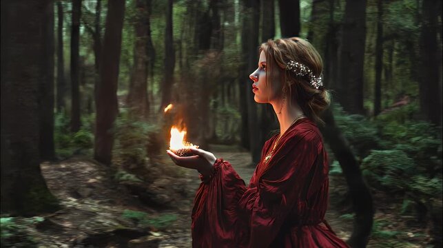 A woman walks through a forest carrying a bowl of flame
