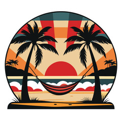 Tropical Getaway A Serene Beach Scene with Palm Trees, Hammock, and Retro Sunset Design for Relaxation and Escape