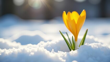 Delicate yellow crocus pushes through snow, early spring arrival , details, botanical