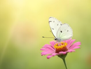 A white butterfly with black spots perches on a pink flower with a yellow center. The soft blurred green-yellow background creates a serene natural atmosphere.