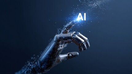 Robotic hand touches glowing "AI" text against a dark blue background