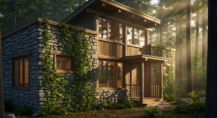 Obraz premium Contemporary modular home facades with natural stone and wood paneling, a serene woodland retreat bathed in warm sunlight