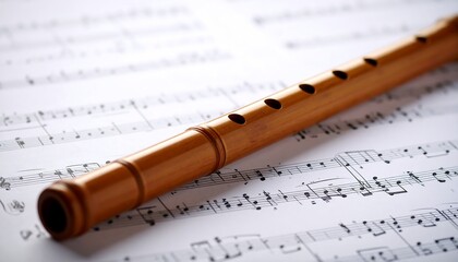 Bamboo flute rests on sheet music