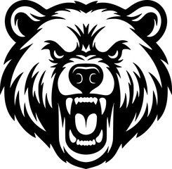 Angry grizzly bear mascot head vector black and white icon isolated illustration image decal design